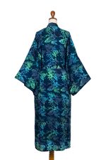 Batik rayon robe, 'Bedugul Dusk' - Navy and Green Batik Print Long Sleeved Rayon Robe with Belt