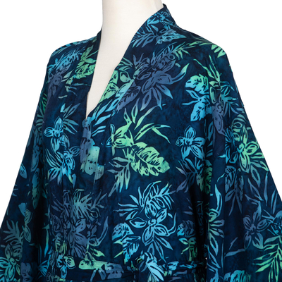 Batik rayon robe, 'Bedugul Dusk' - Navy and Green Batik Print Long Sleeved Rayon Robe with Belt