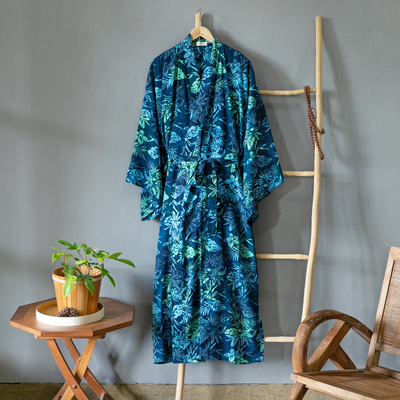 Batik-Robe aus Viskose - Marineblauer und grüner, langärmliger Rayon-Bademantel mit Batik-Print und Gürtel