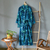Batik rayon robe, 'Bedugul Dusk' - Navy and Green Batik Print Long Sleeved Rayon Robe with Belt (image 2i) thumbail