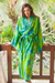 Rayon batik robe, 'Leafy Haven' - Blue and Green Rayon Batik Leafy Garden Long Sleeved Robe