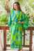 Rayon batik robe, 'Leafy Haven' - Blue and Green Rayon Batik Leafy Garden Long Sleeved Robe (image 2c) thumbail