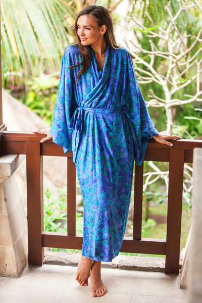 Batik rayon robe, 'Mystery Grove' - Blue and Green Batik Leaf Long Sleeved Rayon Robe with Belt