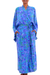 Batik rayon robe, 'Mystery Grove' - Blue and Green Batik Leaf Long Sleeved Rayon Robe with Belt thumbail