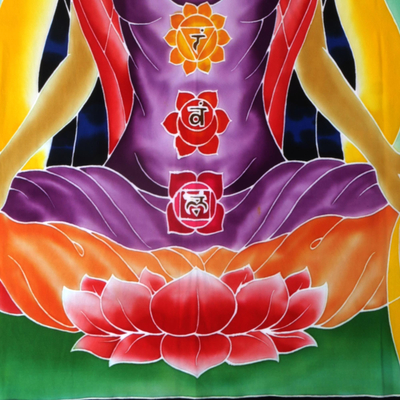 Batik rayon wall hanging, 'Beauty of Meditation' - Multi-Colored Aura Meditation Floral Rayon Wall Hanging