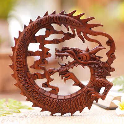 Wood relief panel, 'Dragon in the Air' - Hand Carved Balinese Dragon Suar Wood Wall Relief Panel
