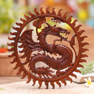 Wood wall relief panel, 'Dragon Age' - Hand Carved Balinese Dragon Suar Wood Wall Relief Panel