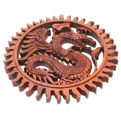 Wood wall relief panel, 'Dragon Age' - Hand Carved Balinese Dragon Suar Wood Wall Relief Panel