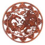 Wood relief panel, 'Battle of Legends' - Balinese Dragon and Garuda Suar Wood Wall Relief Panel