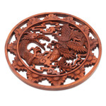 Wood relief panel, 'Battle of Legends' - Balinese Dragon and Garuda Suar Wood Wall Relief Panel