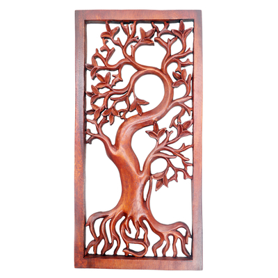 Wood relief panel, 'Growing On' - Hand Carved Balinese Suar Wood Tree Wall Relief Panel