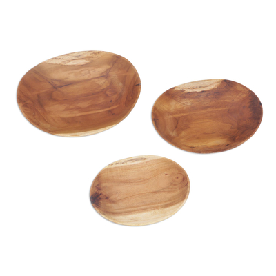 Teak wood nesting dishes, 'Curvilicious' (set of 3) - Carved Natural Teak Wood Set of Three Serving Platters
