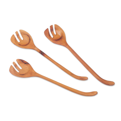 Cubiertos para ensalada de madera (juego de 3) - Juego de tres cucharas para servir de cocina de madera de Sawo talladas a mano