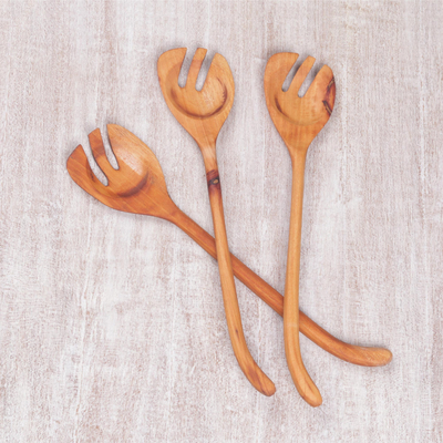 Wood salad servers, 'Triple Taste' (set of 3) - Set of Three Hand-Carved Sawo Wood Kitchen Serving Spoons