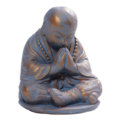 Cast stone sculpture, 'Shaolin Meditation' - Cast Stone Praying Shaolin Monk Sculpture in Antique Finish