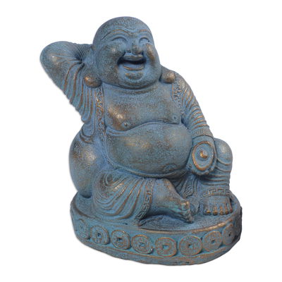 Escultura de piedra fundida, 'Buda Fortuna' - Escultura de acabado antiguo de buda de la fortuna riendo de piedra fundida