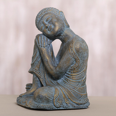 Cast stone sculpture, 'Buddha Rests' - Artisan Crafted Cast Stone Resting Buddha in Antique Finish