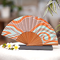 Silk batik fan, 'Flame of Bali' - Handcrafted Patterned Batik Silk and Pinewood Fan 
