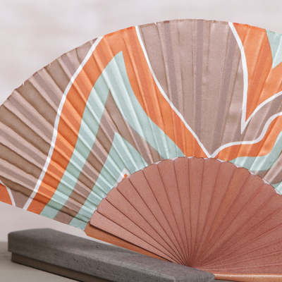 Silk batik fan, 'Flame of Bali' - Handcrafted Patterned Batik Silk and Pinewood Fan 