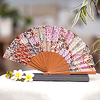 Silk batik fan, 'Nature of Parang' - Handcrafted Printed Batik Silk and Pinewood Fan from Bali