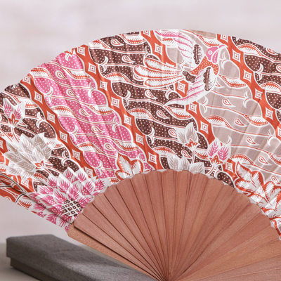 Silk batik fan, 'Nature of Parang' - Handcrafted Printed Batik Silk and Pinewood Fan from Bali