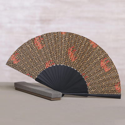 Silk batik fan, 'Eternal Maze' - Handcrafted Printed Batik Silk and Pinewood Fan from Bali