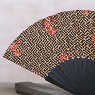 Silk batik fan, 'Eternal Maze' - Handcrafted Printed Batik Silk and Pinewood Fan from Bali