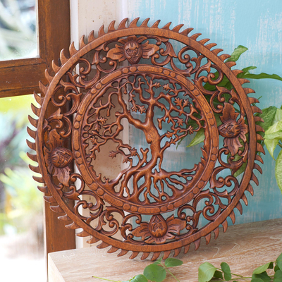 Wood wall relief panel, 'Tree of Serenity' - Hand Carved Tree Motif Wall Relief Panel from Bali