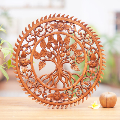 Wood relief panel, 'Tranquility Tree' - Hand Carved Tree Motif Wood Wall Relief Panel from Bali