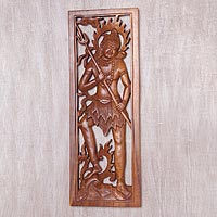 Panel de relieve de pared de madera, 'Lord Shiva Guardian' - Panel de relieve de pared de madera hindú Shiva tallado a mano de Bali