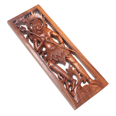 Wood wall relief panel, 'Lord Shiva Guardian' - Hand Carved Hindu Shiva Wood Wall Relief Panel from Bali