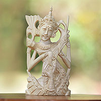 Estatuilla de madera, 'Conocimiento Divino' - Estatuilla de diosa hindú de madera de cocodrilo balinesa tallada a mano