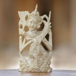 Wood statuette, 'Divine Knowledge' - Hand Carved Balinese Crocodile Wood Hindu Goddess Statuette