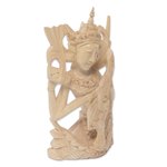 Wood statuette, 'Divine Knowledge' - Hand Carved Balinese Crocodile Wood Hindu Goddess Statuette