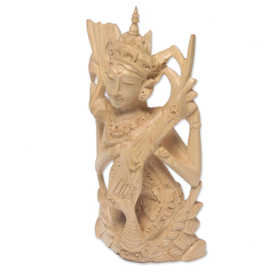 Wood statuette, 'Divine Knowledge' - Hand Carved Balinese Crocodile Wood Hindu Goddess Statuette
