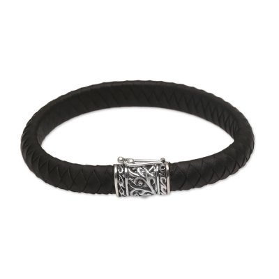 Men's leather and sterling silver wristband bracelet, 'Soul of a Dragon' - Men's Leather Braided Wristband Bracelet from Bali