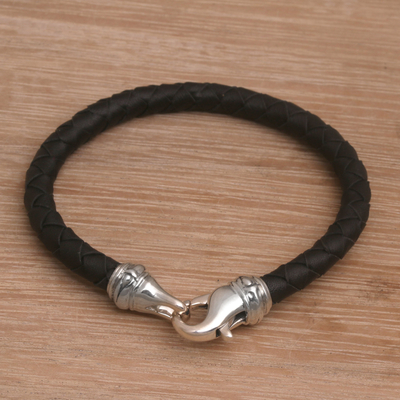 Herrenarmband aus Leder und Sterlingsilber - Herrenarmband aus geflochtener Kordel aus Bali