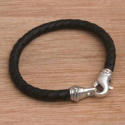 Herrenarmband aus Leder und Sterlingsilber - Herrenarmband aus geflochtener Kordel aus Bali