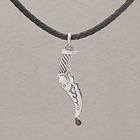 Men's garnet pendant necklace, 'Red Dagger' - Men's Garnet and Sterling Silver Pendant Necklace from Bali