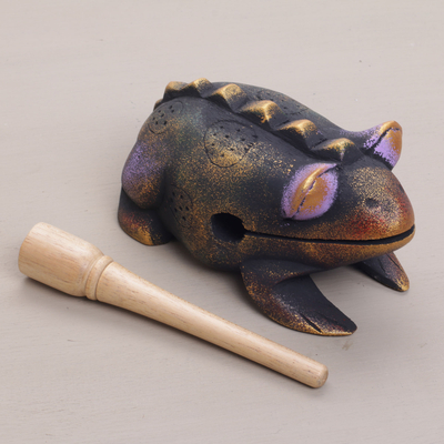 Wood percussion instrument, 'Musical Toad' - Hand Carved Wood Toad Percussion Instrument from Bali