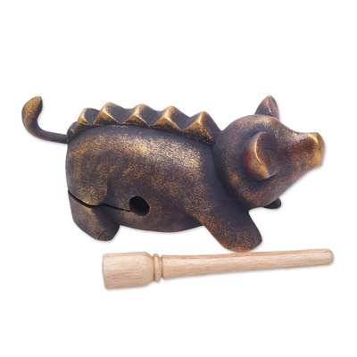 Wood percussion instrument, 'Musical Pig' - Hand Carved Wood Pig Percussion Instrument from Bali