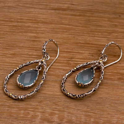 Gold accented chalcedony dangle earring, 'Eternity Dew' - Handmade Chalcedony and Sterling Silver Dangle Earrings