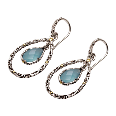 Gold accented chalcedony dangle earring, 'Eternity Dew' - Handmade Chalcedony and Sterling Silver Dangle Earrings