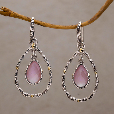 Gold accented chalcedony dangle earrings, 'Eternity Dew in Pink' - Chalcedony and Sterling Silver Gold Accented Dangle Earrings