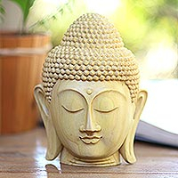 Wood statuette, 'Buddha Harmony' - Hand Crafted Balinese Crocodile Wood Buddha Head Statuette