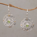 Gold accented peridot dangle earrings, 'Exquisite Flora' - Peridot Sterling Silver Dangle Earrings with 18k Gold Accent