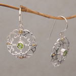 Gold accented peridot dangle earrings, 'Exquisite Flora' - Peridot Sterling Silver Dangle Earrings with 18k Gold Accent