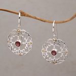 Gold accented garnet dangle earrings, 'Exquisite Flora' - Garnet Sterling Silver Dangle Earrings with 18k Gold Accent