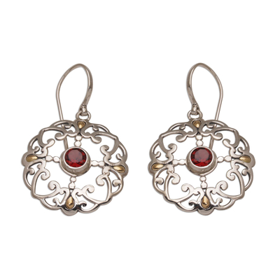 Gold accented garnet dangle earrings, 'Exquisite Flora' - Garnet Sterling Silver Dangle Earrings with 18k Gold Accent