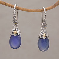 Gold accented chalcedony dangle earrings, 'Floral Drop in Blue'